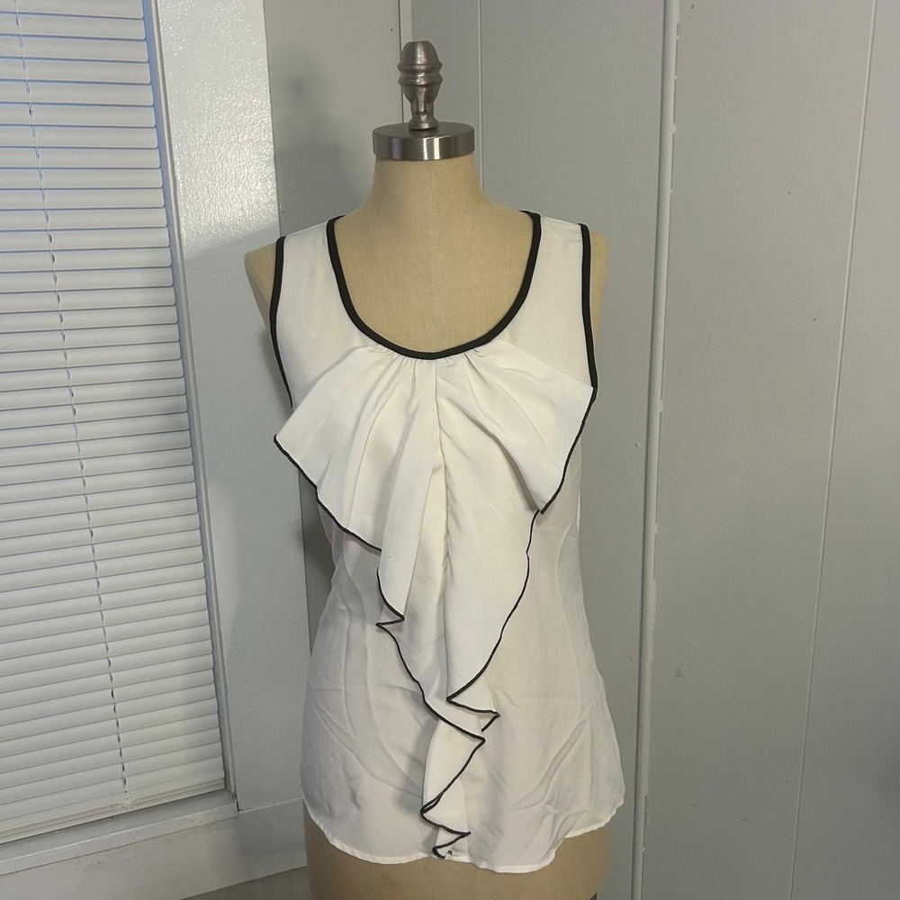 Y2K Retro Dots White Ruffle Front Sleeveless Blouse Black Trim Size M‎